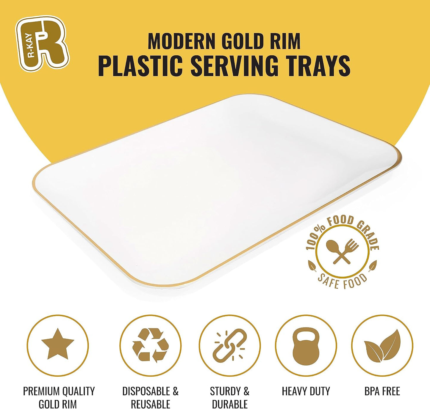 R-kay 3 Pack White Plastic Serving Trays for Party - Rectangular, 8 by 11 in, Heavy Duty Dessert Trays for Food