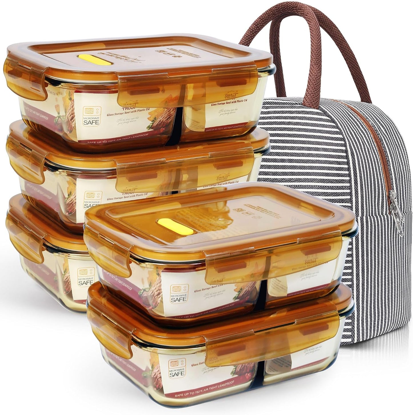 DAS TRUST 5 Pack 36oz Bento Box Glass Meal Prep Container 3 Compartment Glass Food Storage Containers with Lids Meal Prep Bowls Lunch Box Lunch Container for Oven