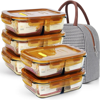 DAS TRUST 5 Pack 36oz Bento Box Glass Meal Prep Container 3 Compartment Glass Food Storage Containers with Lids Meal Prep Bowls Lunch Box Lunch Container for Oven