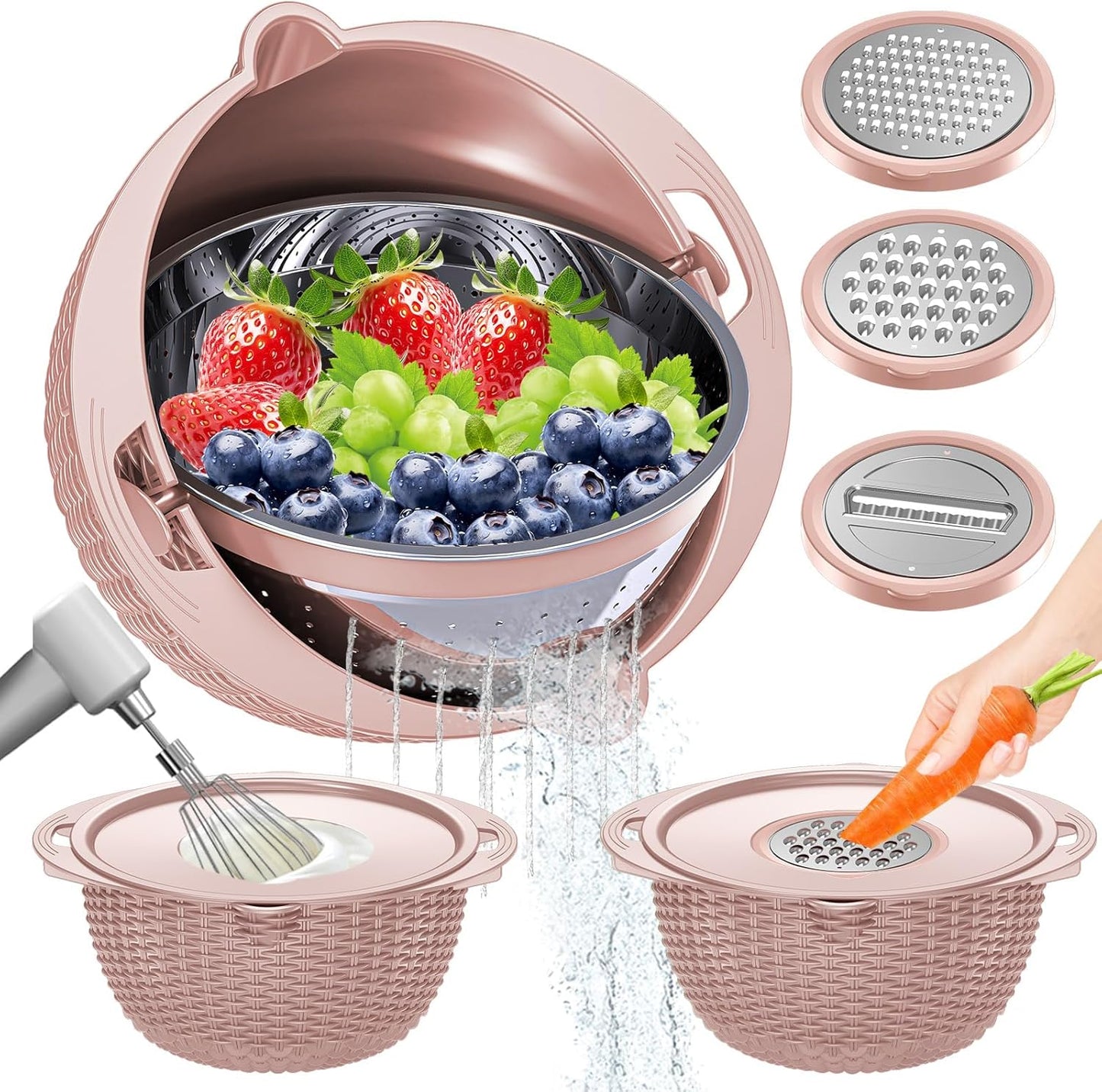 4-in-1 Colander with Bowl Set — Patented 360° Rotatable Strainer Bowl with 3 Graters, Snap-On Lid & Non-Slip Base, Funny Kitchen Present for Women, Aesthetic Pasta Fruit Vegetable Strainer (Beige)