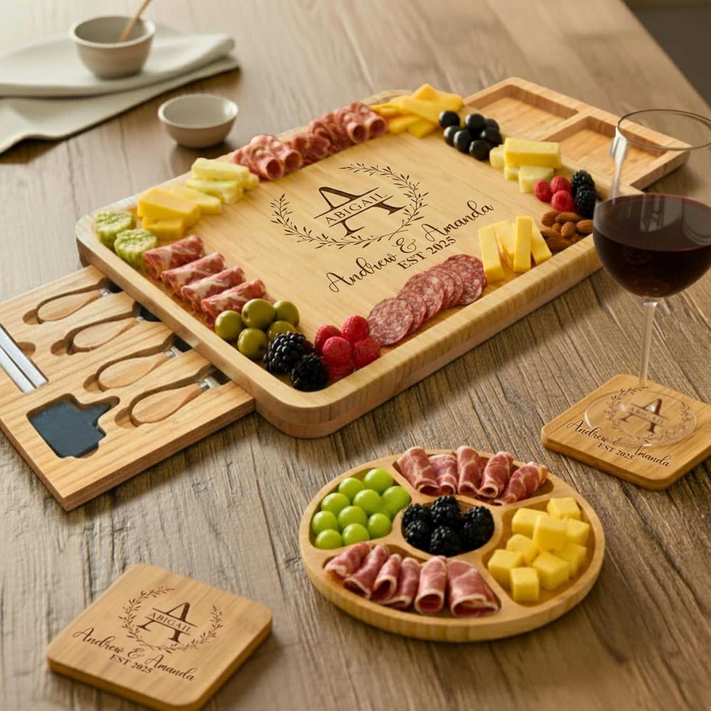 Personalized Bamboo Charcuterie Board Set with Accessories – Custom Large Serving Tray with Knives for Wedding, Anniversary, Bridal Shower, Women, Housewarming, Engagement, Couples, Mother’s Day Gifts