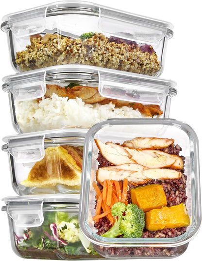 Vtopmart 5 Pack 35oz Glass Food Storage Containers with Lids, Meal Prep Containers, Airtight Reusable Lunch Container Set, Safe for Oven, Microwave, Freezer, and Dishwasher, Grey