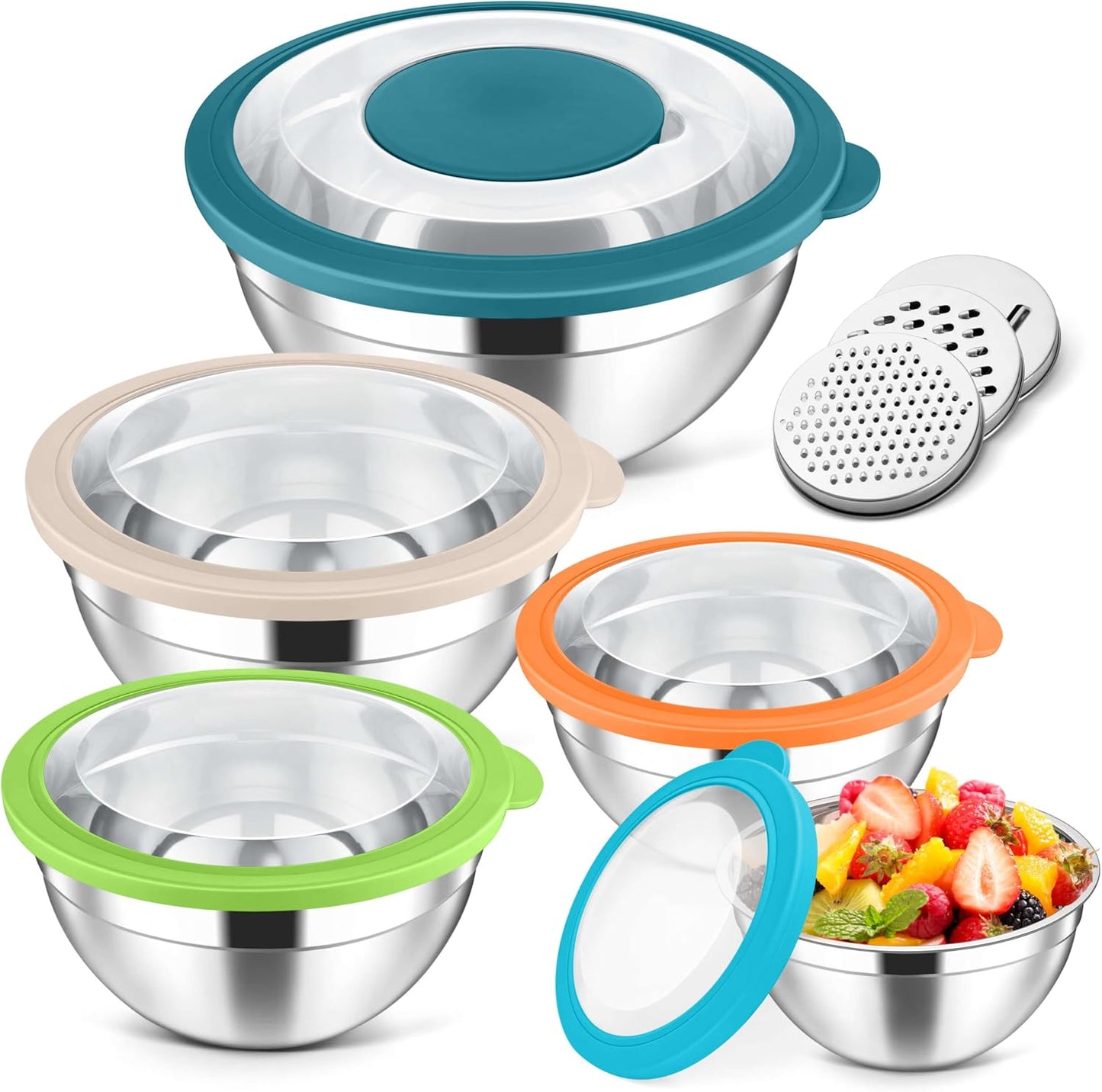 Herogo 5-Piece Mixing Bowls with Airtight Lids, 3 Grater Attachments, Stainless Steel Salad Serving Bowls for Kitchen, Size 4.6, 3.5, 2.5, 2, 1.5QT Ideal for Prepping & Cooking, Black