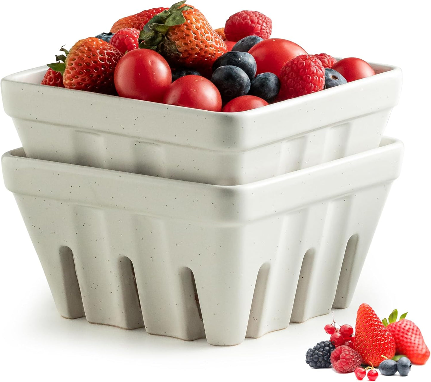 Gomakren Berry Bowls with Holes Ceramic, Berry Washing Bowl Basket Set of 2, 5.8 Inch Round Fruit Bowl Storage Containers, Strawberry Baskets, Farmhouse Kitchen Decor, Yellow + Brown