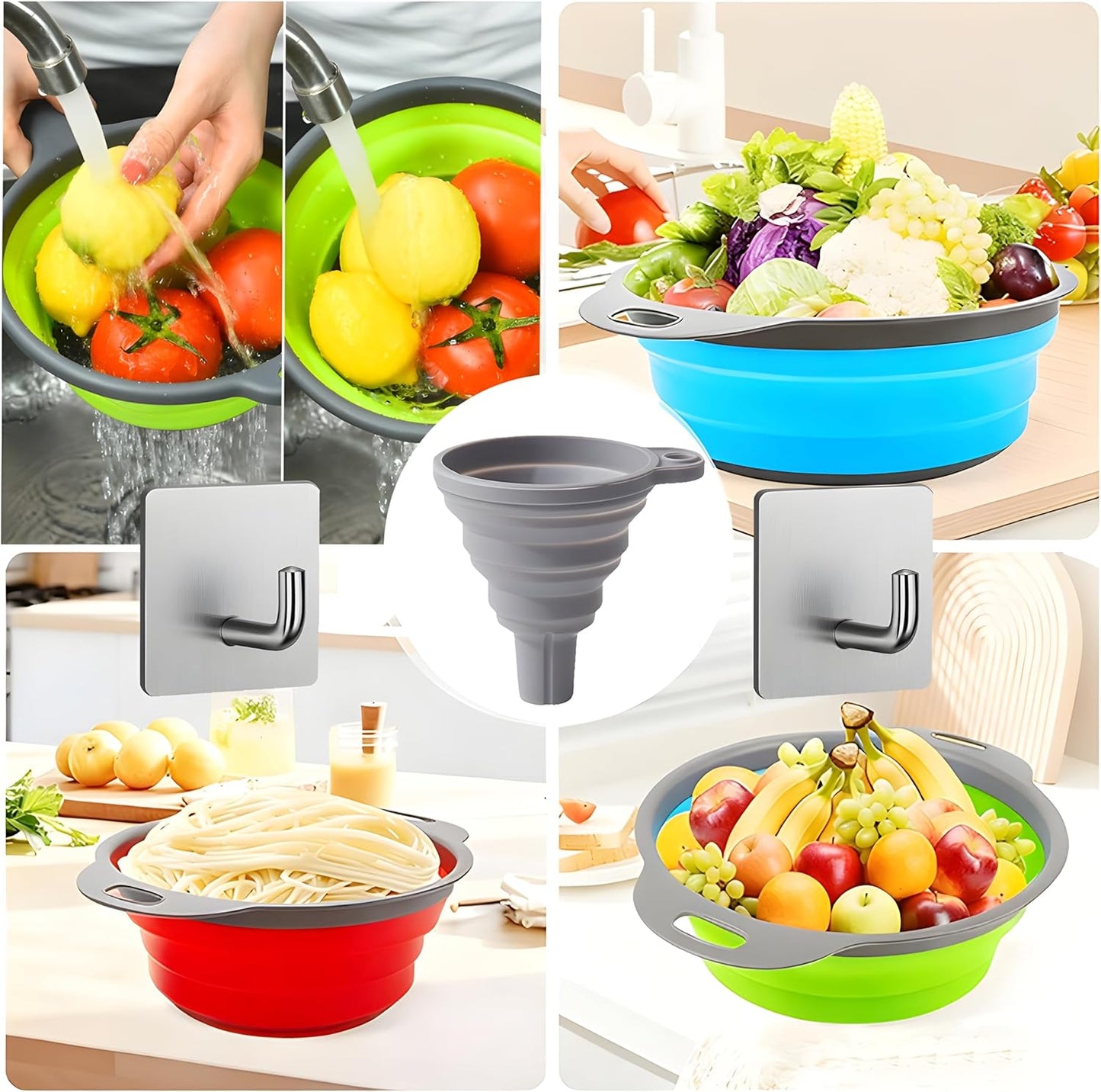 UVB Collapsible Colander Set, Space-Saving Foldable Kitchen Strainer for Pasta, Vegetables & Fruit, Colander for Kitchen with 2 Stainless Steel Hooks & Silicone Funnel – Blue