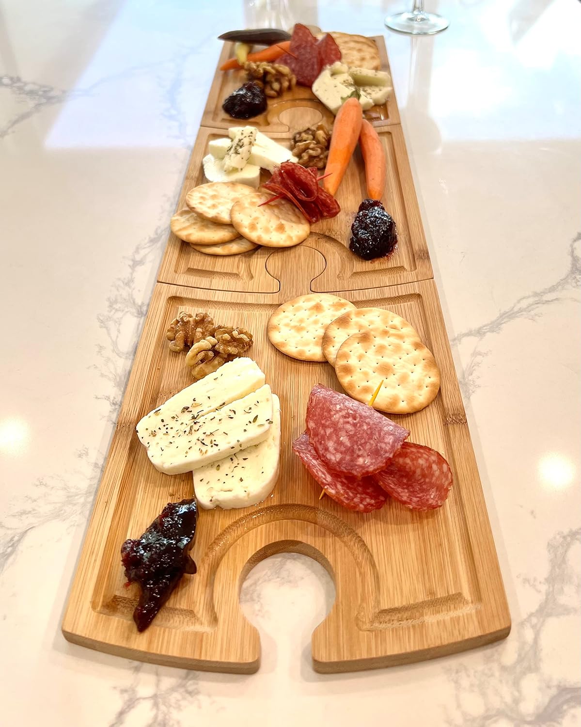 Bamboo Charcuterie Boards Set - Unique Puzzle Piece Design with Wine Glass Holder - Puzzle Charcuterie Cheese Board, Serving Tray - Set of 3