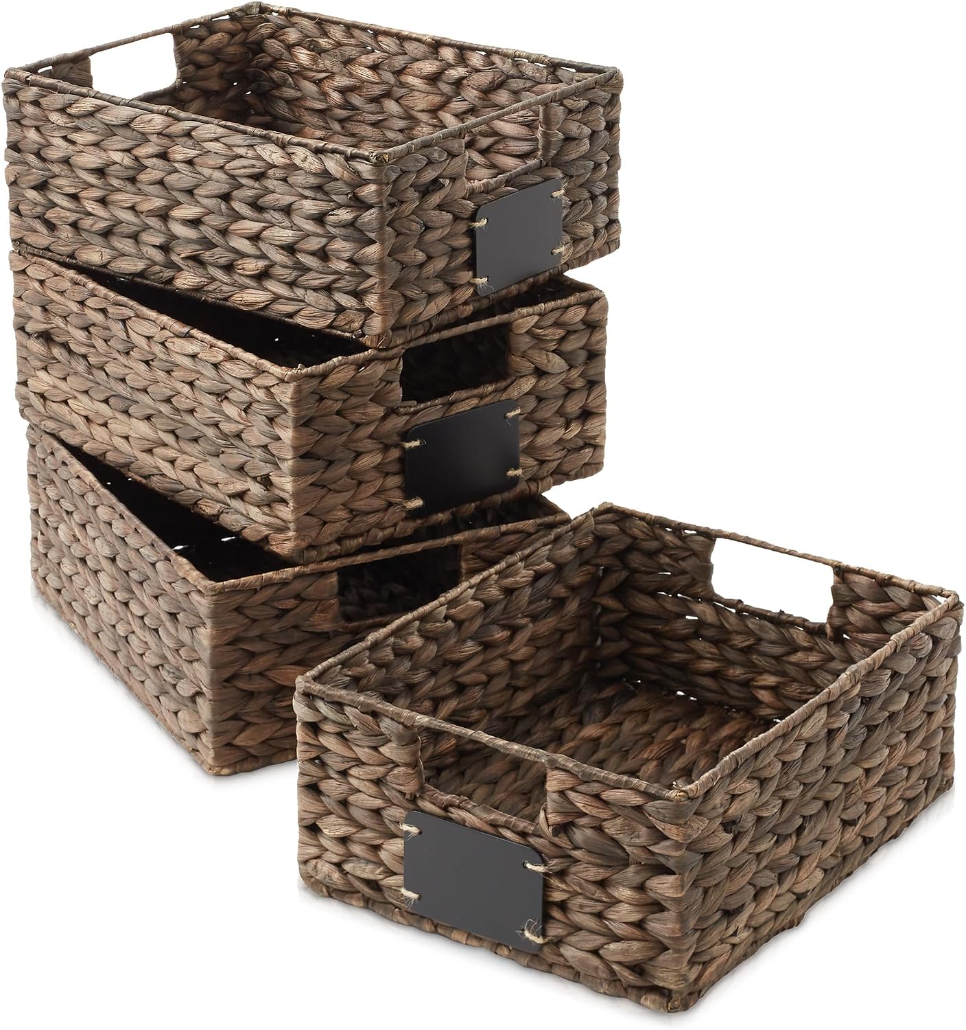 Casafield Set of 4 Water Hyacinth Pantry Baskets, 10" x 13" x 5", with Chalkboard Labels and Chalk Marker - Natural, Woven Storage Bin Organizers for Kitchen Shelves
