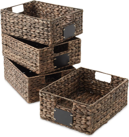 Casafield Set of 4 Water Hyacinth Pantry Baskets, 10" x 13" x 5", with Chalkboard Labels and Chalk Marker - Natural, Woven Storage Bin Organizers for Kitchen Shelves