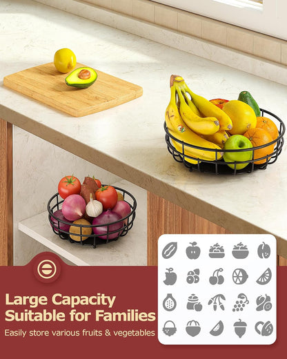 Sevenblue 2 Tier Large Fruit Basket for Kitchen Counter with Removable Banana Hanger - Sturdy Iron Fruit Bowl for Kitchen Counter and Vegetable Holder, Fruit Holder for Home Decor, Black