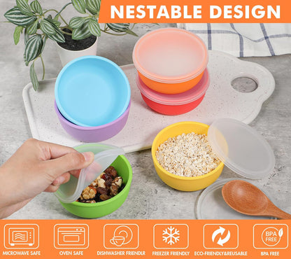 KOLUTI Nonstick Silicone Pinch Bowls Set of 6, 4oz Small Condiment Dipping Sauce Prep Bowl with Lid, Colorful Snack Serving Food Storage Mixing Containers for Side Dish, Microwave & Freezer Safe