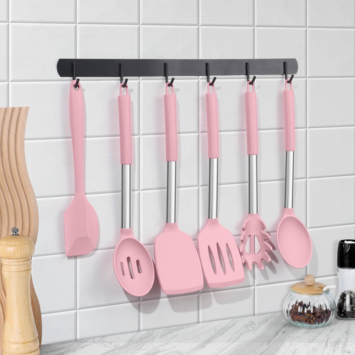 LIANYU 15 Pcs Kitchen Cooking Utensils Set with Holder, Silicone Kitchen Tools with Stainless Steel Handle, Heat Resistant Gadgets, Brush Spatula Spoon Whisk for Cookware, Dishwasher Safe, Khaki