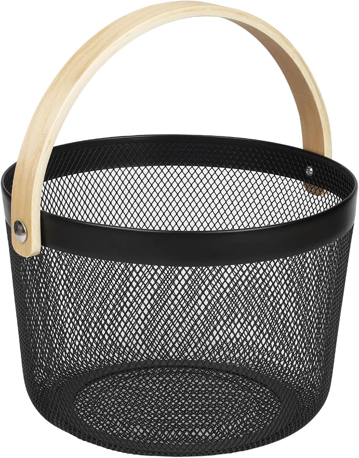AJIODA Metal Mesh Steel Wire Basket, Round Storage Organizer Basket with Wooden Handle Multi-functional Hanging Kitchen Baskets Fruit Baskets for Kitchen Bathroom Picnic Decor Cabinet Home, White