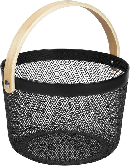 AJIODA Metal Mesh Steel Wire Basket, Round Storage Organizer Basket with Wooden Handle Multi-functional Hanging Kitchen Baskets Fruit Baskets for Kitchen Bathroom Picnic Decor Cabinet Home, White