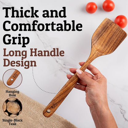 PriorityChef Wooden Slotted Spoon - Premium Teak Cooking Utensil for Frying, Straining & Serving - Long Handle Kitchen Spoon for Nonstick Cookware - Handcrafted Durable Wood
