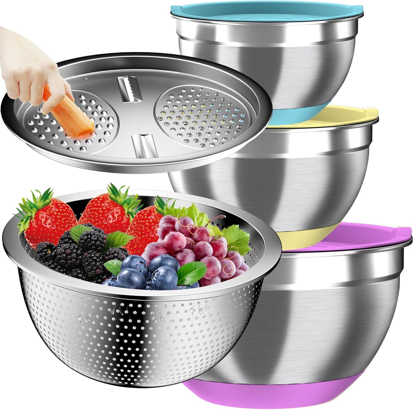 Nicdiet Mixing Bowls with Airtight Lids, Stainless Steel Mixing Bowl Set with 3 Metal Nesting Bowls, Colander & Grater, Non-Slip Bottoms, Size 1.5, 2.5, 5 QT, Great for Mixing & Serving, Khaki