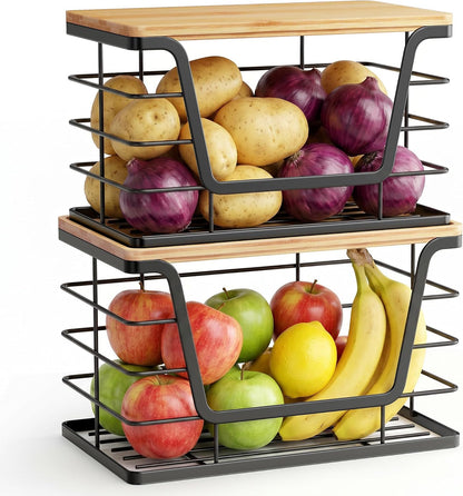 ALOCEO 2 Pack Stackable Wire Storage Basket with Bamboo Lid, Trash Bag Dispenser Under Sink for 4-13 Gal Bags, Kitchen Storage Bins for Potato and Onion, Brown
