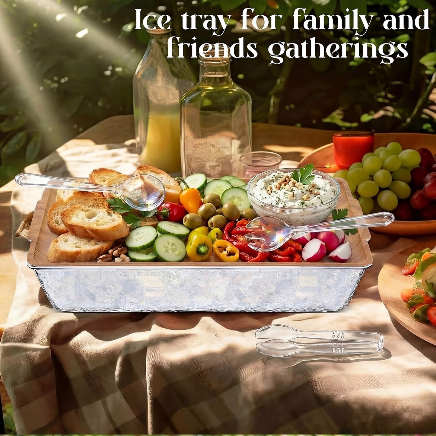 Baderke 16" x 9" Chilled Serving Tray for Parties with Compartments Ice Chilled Party Crudite Platter Charcuterie Serving Board Cold Dish Dip with Tableware for Seafood Vegetable(Silver Glitter)