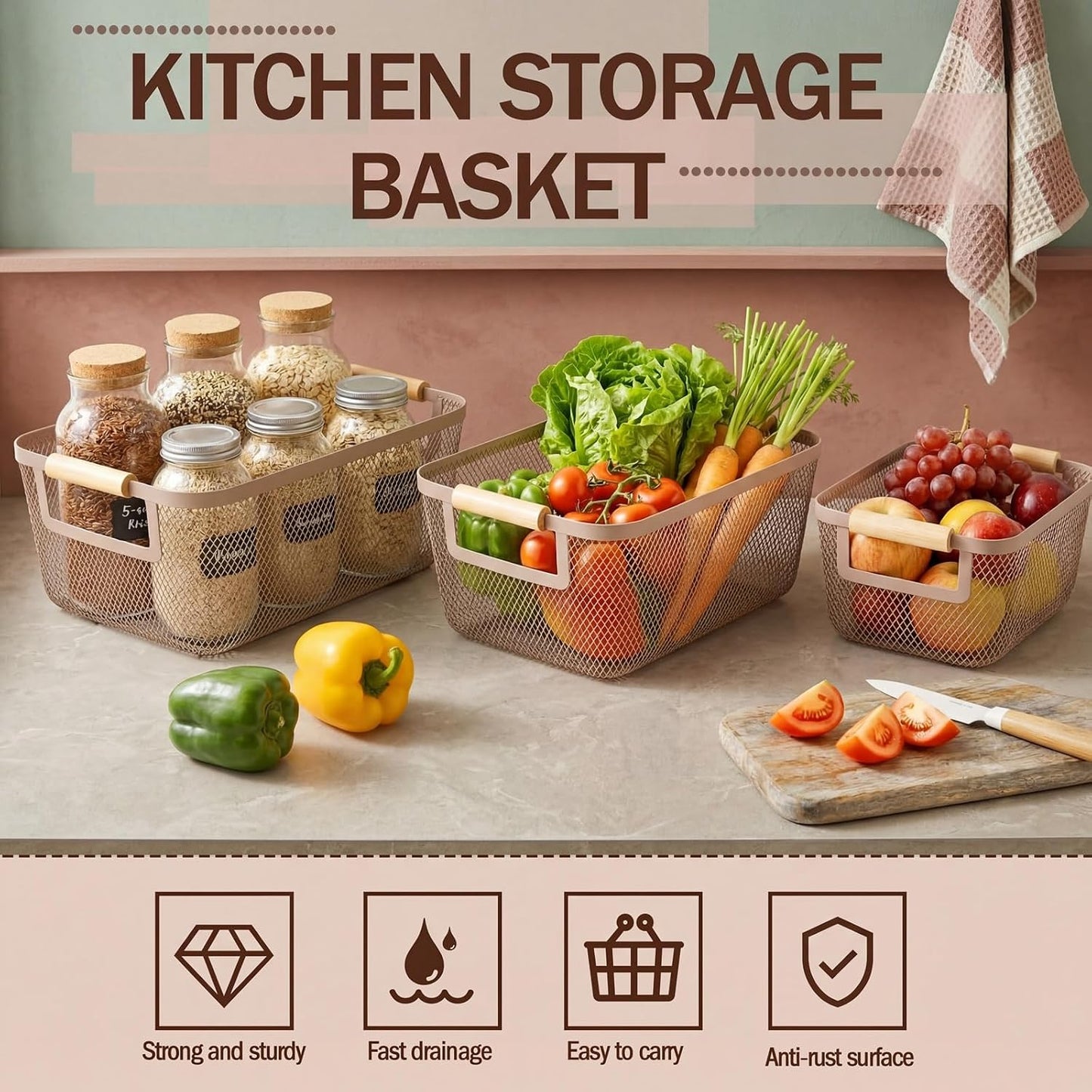 Mumufy 3 Pcs Metal Mesh Basket with Wooden Handles Wire Steel Organizer Bins Pantry Organizers Kitchen Baskets for Closet Cabinet Bathroom Fridge Food Snacks Organization (Warm Tapue,3 Sizes)