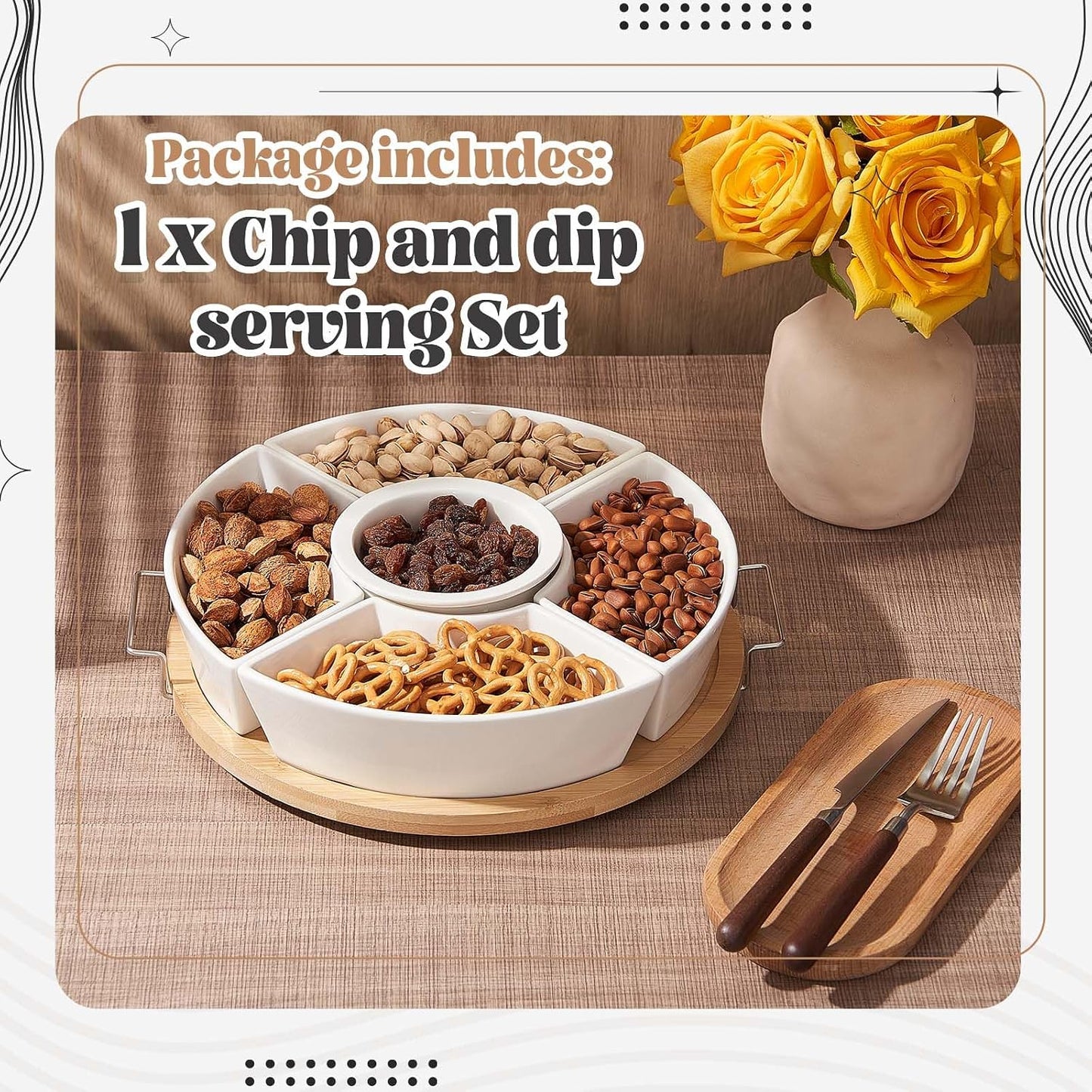 Rtteri 360° Rotatable Lazy Susan Serving Tray with Bowls 11.4'' Chip and Dip Serving Set, 5 Removable Compartment Divided Serving Dishes Ceramic Porcelain Taco Bar Platters and Trays for Party