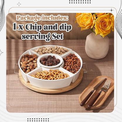 Rtteri 360° Rotatable Lazy Susan Serving Tray with Bowls 11.4'' Chip and Dip Serving Set, 5 Removable Compartment Divided Serving Dishes Ceramic Porcelain Taco Bar Platters and Trays for Party