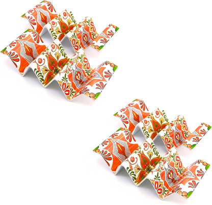 TP Taco Holder Stands, Set of 2 Melamine Large Taco Serving Rack Tray with Handle, Holds 3 Tacos, Dishwasher Safe, Ideal for Taco Night, Party, Home, Fiesta, Talavera Tile
