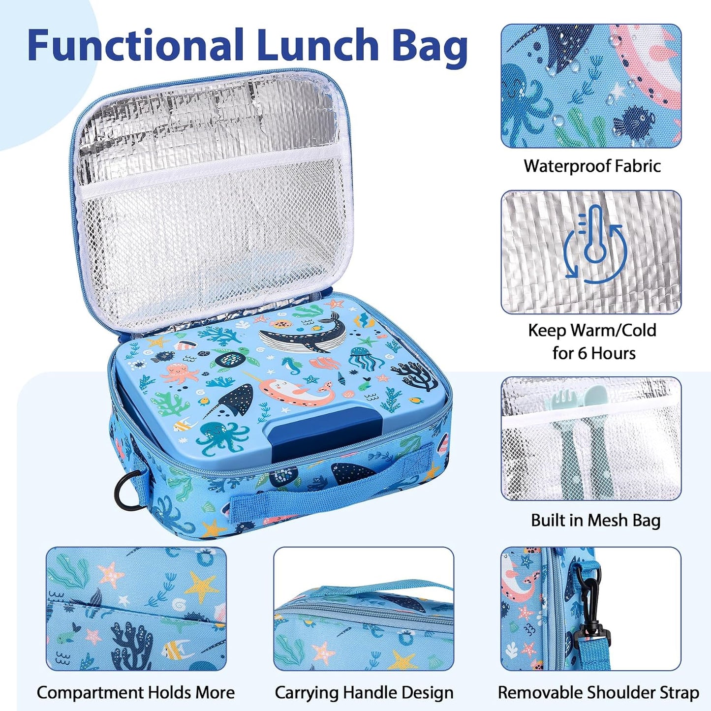 Kids Bento Lunch Box Set with 9.5oz Soup Thermo, Leak-Proof Lunch Food Containers with 3 Compartment and Removable Inner Tray, Insulated Hot Food Jar with Lunch Bag for School, Office, Sea Blue