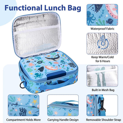 Kids Bento Lunch Box Set with 9.5oz Soup Thermo, Leak-Proof Lunch Food Containers with 3 Compartment and Removable Inner Tray, Insulated Hot Food Jar with Lunch Bag for School, Office, Sea Blue