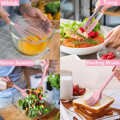 LIANYU 15 Pcs Kitchen Cooking Utensils Set with Holder, Silicone Kitchen Tools with Stainless Steel Handle, Heat Resistant Gadgets, Brush Spatula Spoon Whisk for Cookware, Dishwasher Safe, Khaki