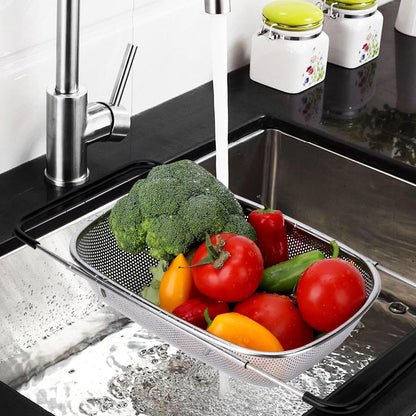 ZDRongZhen Kitchen Accessories Over the Sink Colander Strainer Basket，Stainless Steel Colander with Expandable Rubber Grip Sink Drainer-Rinse Vegetables Fruits &Strain&Drain (Large-Fine mesh)