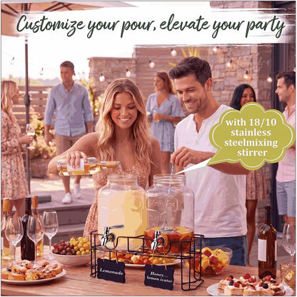 2-Pack 1-Gallon Glass Drink Dispensers with Heavy-Duty Wire Stand - 304 Stainless Steel Spigot & Mixing Spoon - 100% Leakproof Mason Jar Beverage Dispenser for Parties, Fridge, Kombucha - Wide Mouth