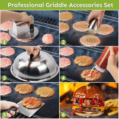 HULISEN Cheese Melting Dome & Smashed Burger Press, 6.2" Grill Press with 9" Basting Cover, Stainless Steel Burger Smasher, Griddle Accessories Kit for Flat Top Grill Cooking Indoor/Outdoor