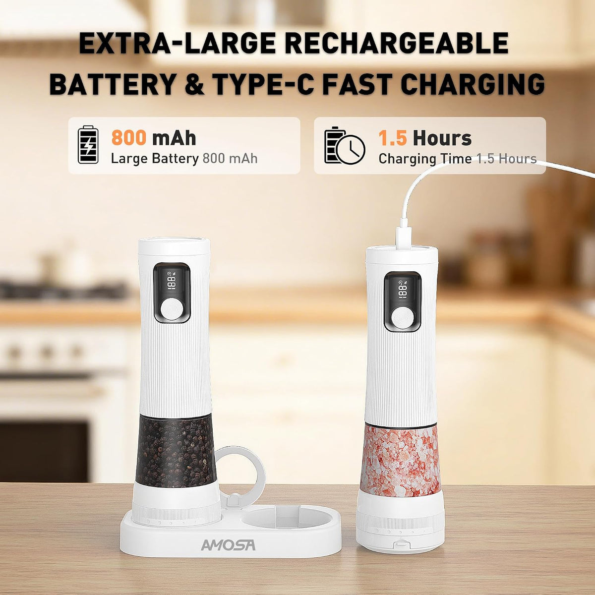 Electric Salt and Pepper Grinder Set, 2 in 1 Dual Bins USB Rechargeable