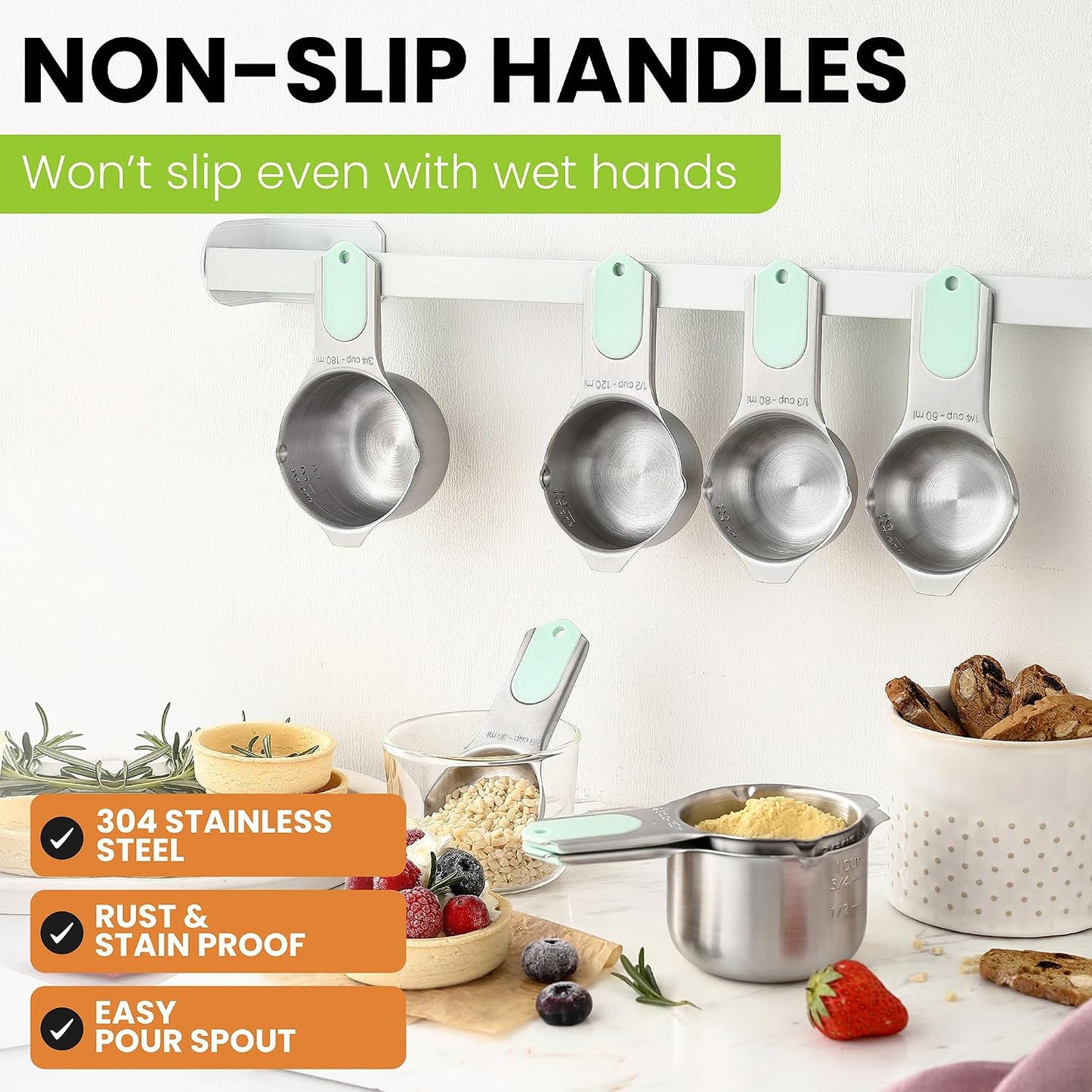Spring Chef Stainless Steel Measuring Cups Set of 7 with Pour Spout - Nesting Kitchen Tools with Easy Read Markings to Measure Dry or Liquid Ingredients - Metal Measuring Cups for Baking & Cooking