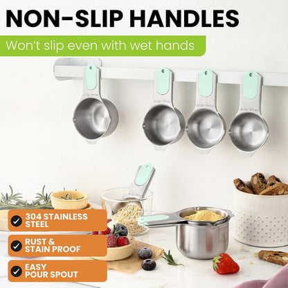 Spring Chef Stainless Steel Measuring Cups Set of 7 with Pour Spout - Nesting Kitchen Tools with Easy Read Markings to Measure Dry or Liquid Ingredients - Metal Measuring Cups for Baking & Cooking