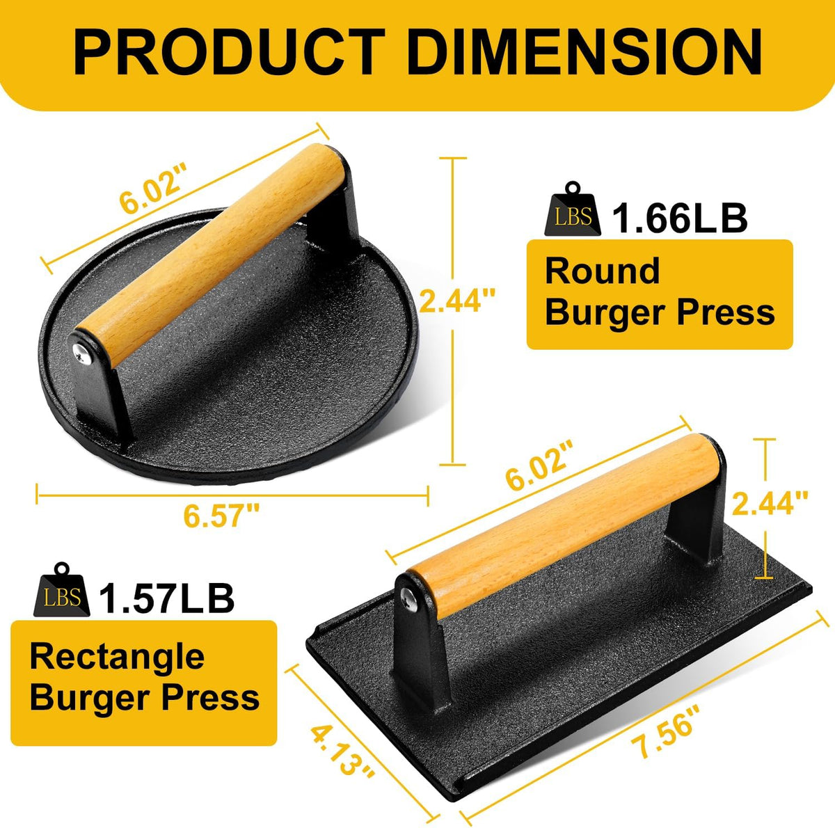 AIVIKI Burger Press, Smash Burger Press for Blackstone Griddle, Heavy Duty Cast Iron Round 6.9In & Rectangular 8.2x4.2In Bacon Grill Press with Wood Handle, Meat Steak Weight for Sandwich, Paninis