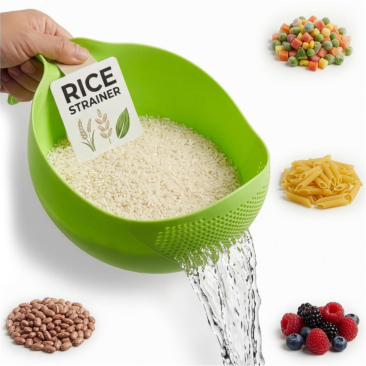 1.7L Rice Strainer with Handle, 9.4 In, Lightweight, ABS (Green)