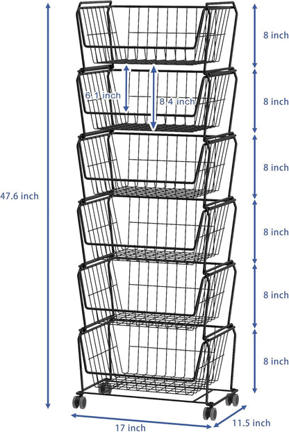 PUSDON 4-Tier Spacious Stackable Wire Storage Baskets with Wheels, Metal Rolling Utility Cart Organizer, Fruit and Vegetable Produce Basket for Kitchen Pantry, Everyday Bathroom Shelf, Silver Grey