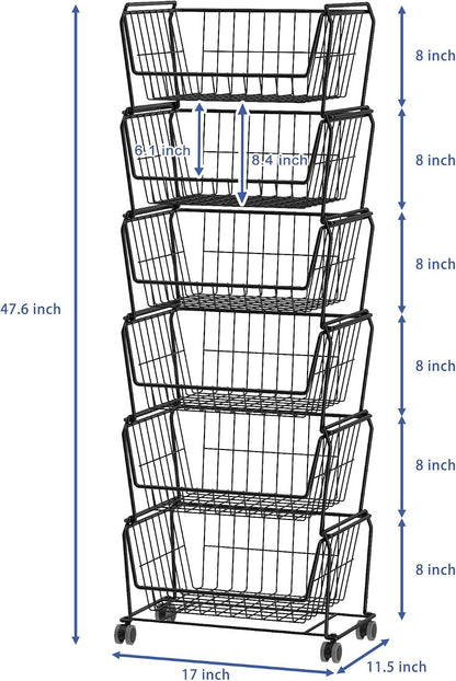 PUSDON 4-Tier Spacious Stackable Wire Storage Baskets with Wheels, Metal Rolling Utility Cart Organizer, Fruit and Vegetable Produce Basket for Kitchen Pantry, Everyday Bathroom Shelf, Silver Grey