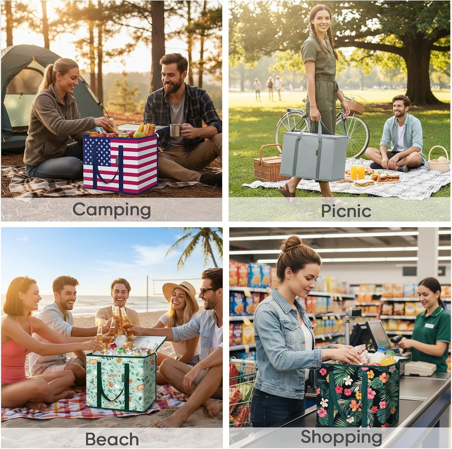 BALEINE 2Pk Insulated Reusable Grocery Bags, Collapsible Cooler Bag for Groceries, Heavy Duty Large Insulated Bag (16''x9''x13'', Antique Foliage)