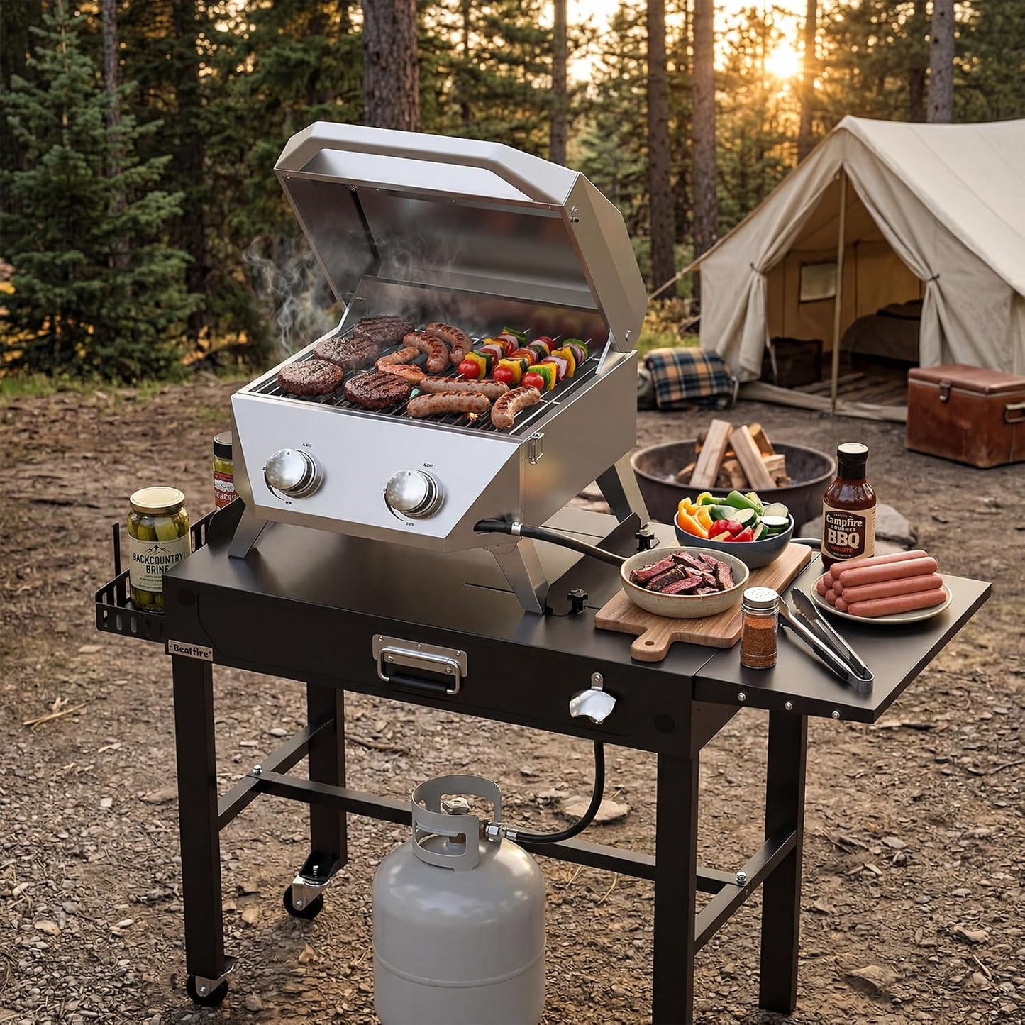BESTFIRE 2-Burner Tabletop Propane Grill with Foldable Grill Cart, Portable Gas BBQ Station with Wheels & Prep Table, Dual-Fuel Setup for 1lb & 20lb Tanks, Stainless Steel Outdoor Kitchen for Camping