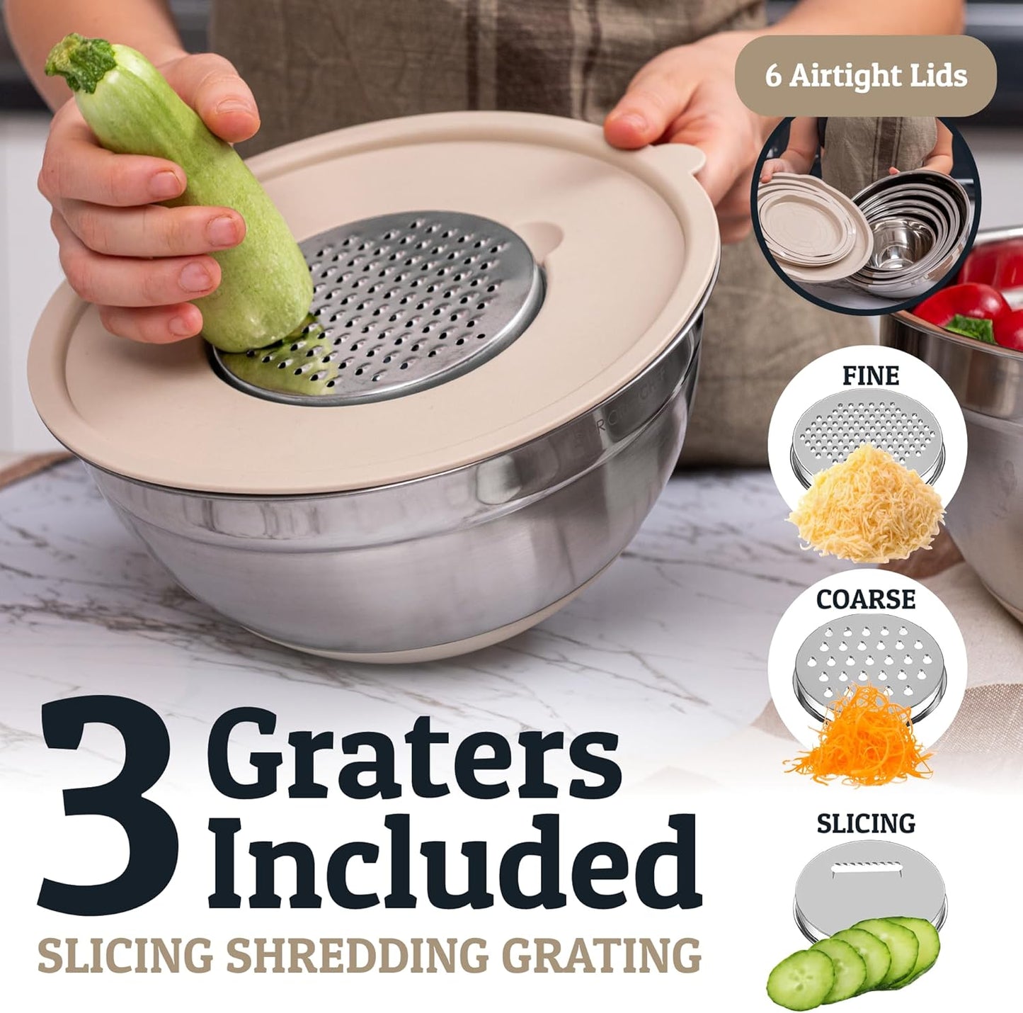 Priority Chef 6Pc Large Mixing Bowls With Lids Set with Non-Slip Bases, Stainless Steel Mixing Bowl Set, 6 Airtight Lids and 3 Graters, Grey