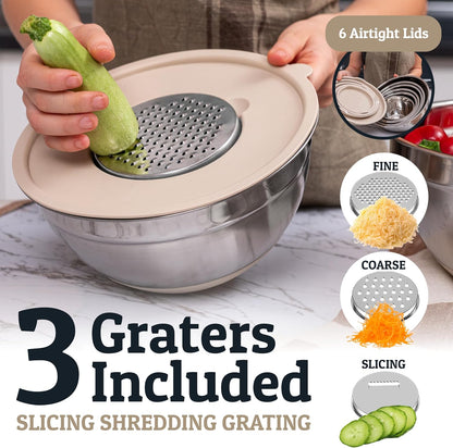 Priority Chef 6Pc Large Mixing Bowls With Lids Set with Non-Slip Bases, Stainless Steel Mixing Bowl Set, 6 Airtight Lids and 3 Graters, Grey