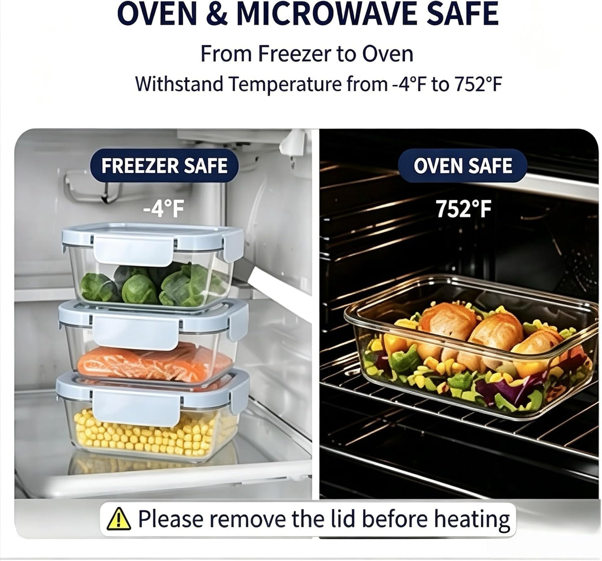 Glass Food Storage Containers with Lids, 3 Pack (14oz / 24oz / 36oz), Glass Meal Prep Containers, Airtight & Leak Proof Bento Boxes, Microwave Oven Freezer Safe Kitchen Storage Containers