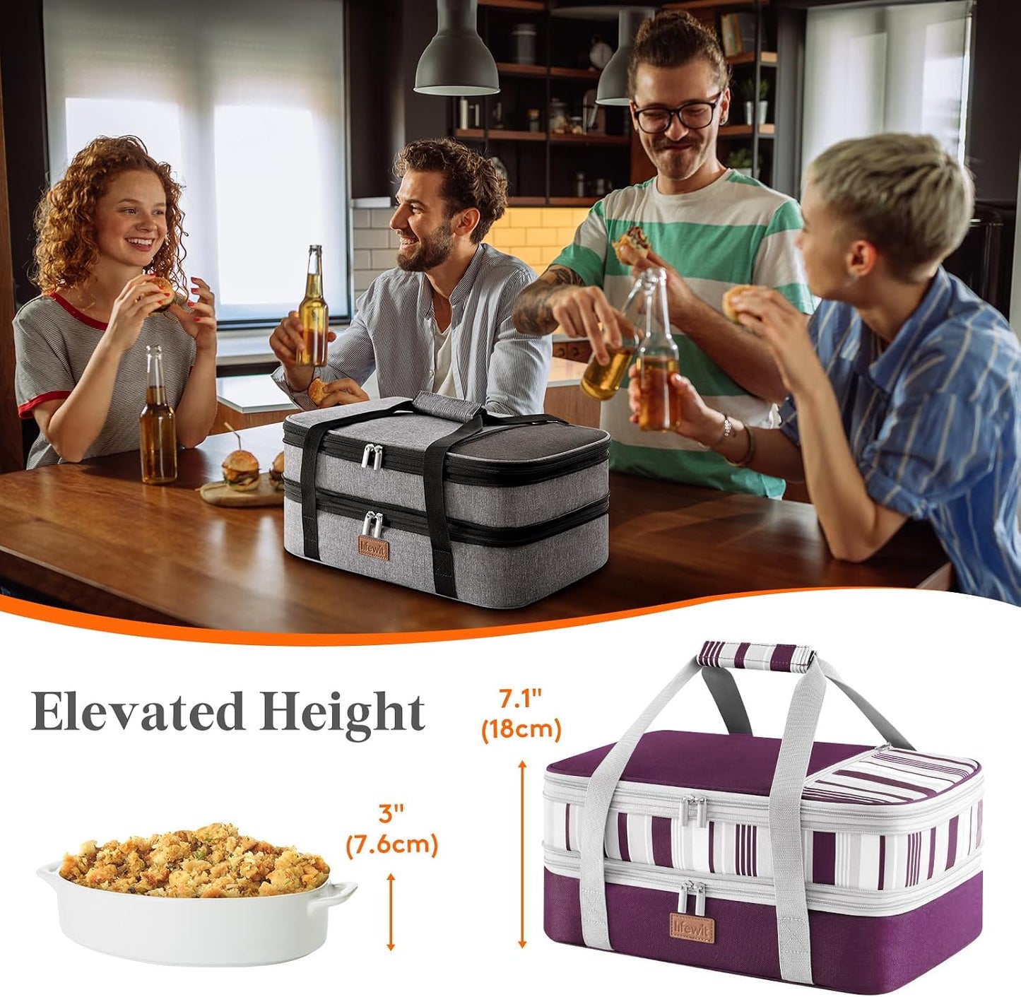 Lifewit Insulated Double Decker Casserole Carrier, Expandable Lasagna Lugger Tote Bag for Hot or Cold Food, Fits 9" x 13" Baking Dish for Potluck Parties, Picnic and Cookouts, Grey-Geometric