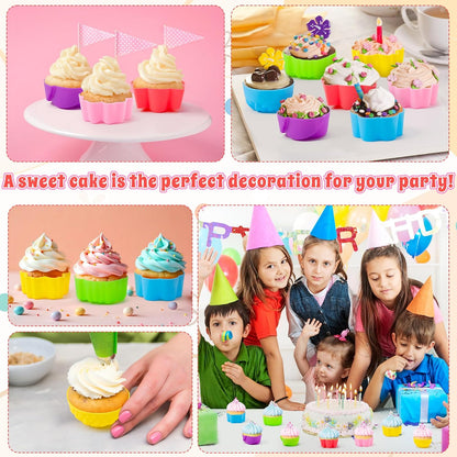 R HORSE Mini Silicone Cupcake Liners Molds - 60Pcs 2 Inch Muticolor Floral Shaped Baking Cups, Reusable Non-Stick Cupcake Wrappers Muffin Baking Liners for Oven Microwave Dishwasher Safe