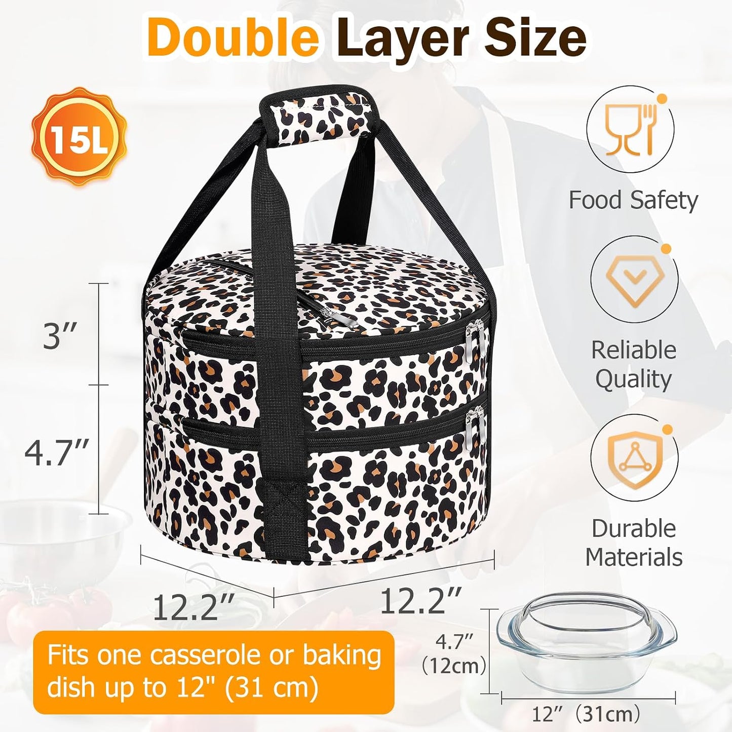 Round Insulated Casserole Carrier – 12" Portable Pie Carrier Bag for Hot or Cold Food, Leakproof Thermal Lunch Tote with Handle for Parties Picnic & Travel - Grey