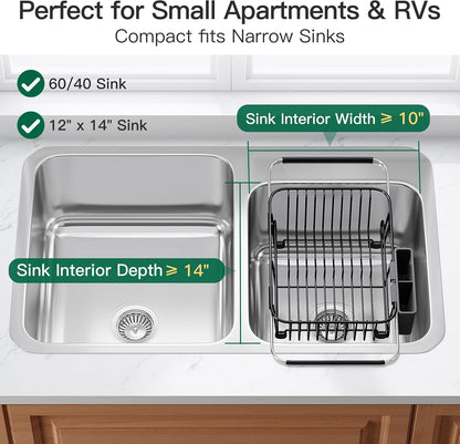 JASIWAY Dish Drying Rack in Sink, Expandable Stainless Steel Dish Drainers for Kitchen Counter, Dish Dryer Rack for Inside Sink, Over The Sink Dish Racks with Utensil Holder, Silver