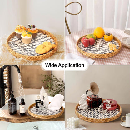 Round Rattan Tray with Mother of Pearl Inlay, Rattan Serving Tray for Coffee, Bread, Fruits, Decorative Wicker Tray for Table Decor, Home Decor, Kitchen Island Decor(Black Checkerboard, 11.8")