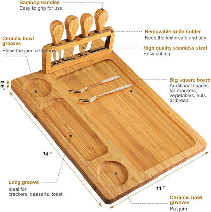 Bamboo Cheese Board Set - Charcuterie Boards and Serving Meat Platter, Cheese Tray with 4 Stainless Steel Cheese Knives Cutting Board Platter, Ideal for Halloween, Wedding, Christmas Gifts
