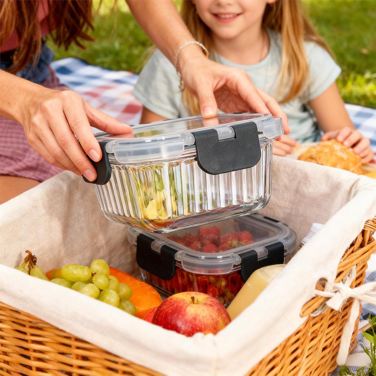 12-Piece Vertical Stripe Borosilicate Glass Food Storage Containers with Lids, Glass Meal Prep Containers, Leak-Proof Snap-Lock Sealed, BPA-Free, 10-35 oz Capacity (Large)